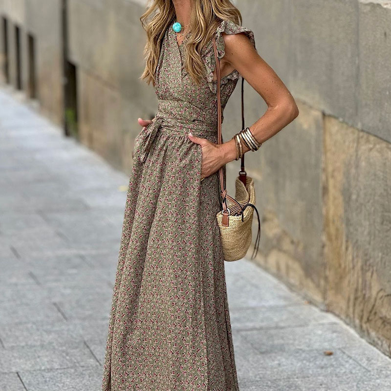 Elegant High Waist Beach Long Dress Vintage Floral Print Short Sleeved Women's Dress 2024 Summer Ruffled Lace Up Bohemian Dress