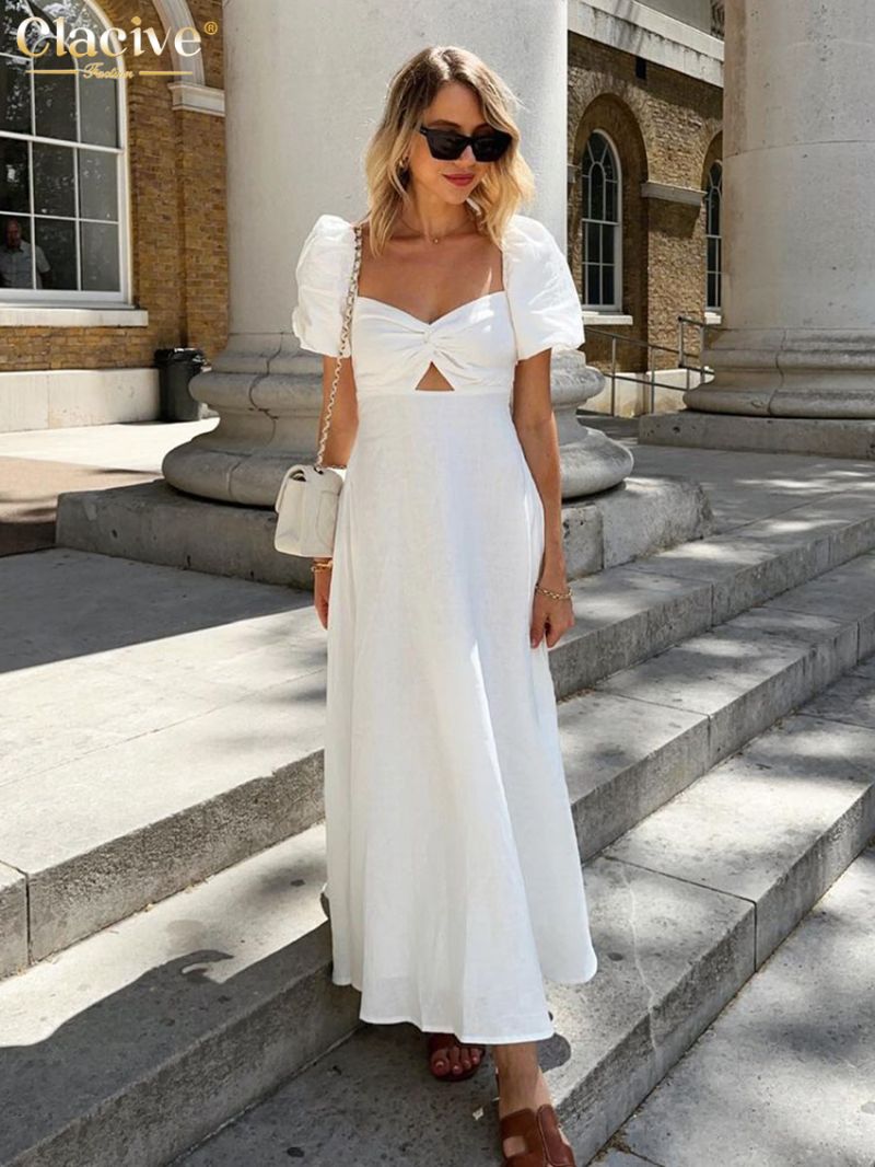 Clacive Sexy Loose White Cotton Dress Fashion Sqaure Collar Short Sleeve Ankle Length Dress Elegant Hollow Out Dresses For Women