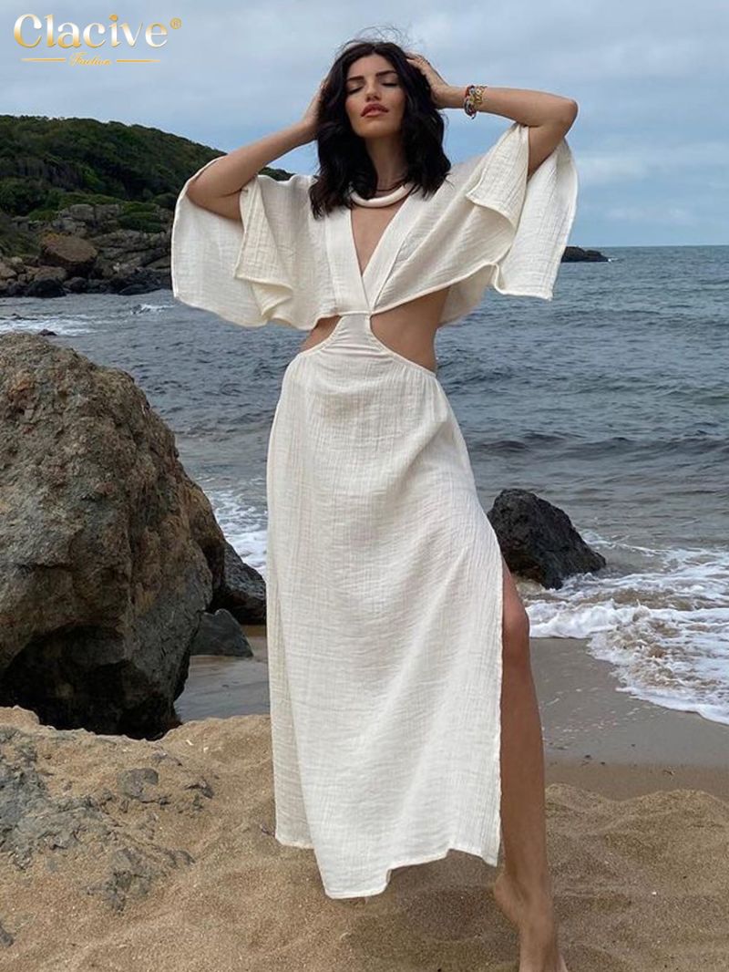 Clacive Sexy Loose White Cotton Women Dress 2024 Summer V-Neck Half Sleeve Ankle Length Dresses Elegant Hollow Out Female Dress