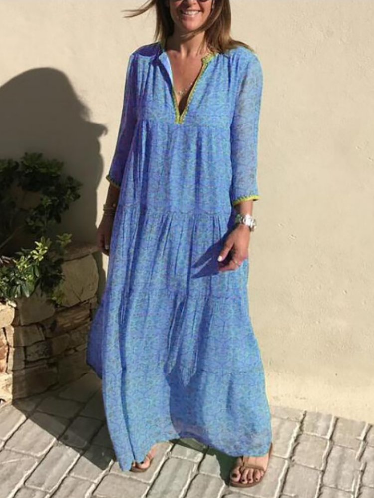 Summer Women Retro V-Neck Long Sleeve Long Dress Casual Bohemian Printed Beach Dress Ladies Fashion Loose Big Hem A-Line Dresses