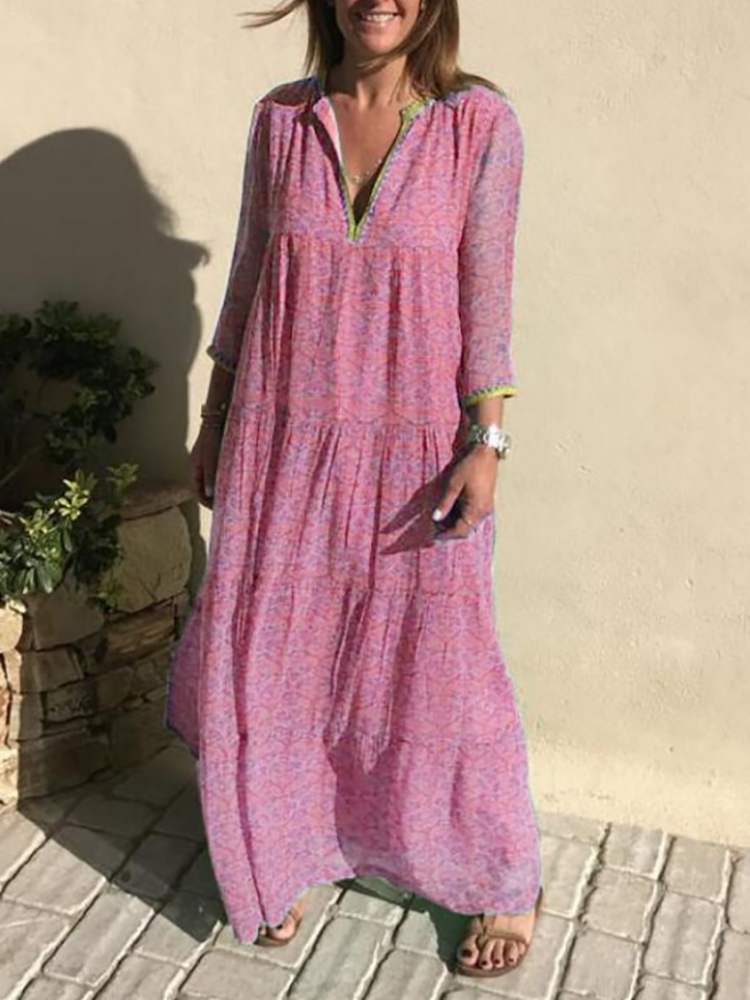 Summer Women Retro V-Neck Long Sleeve Long Dress Casual Bohemian Printed Beach Dress Ladies Fashion Loose Big Hem A-Line Dresses