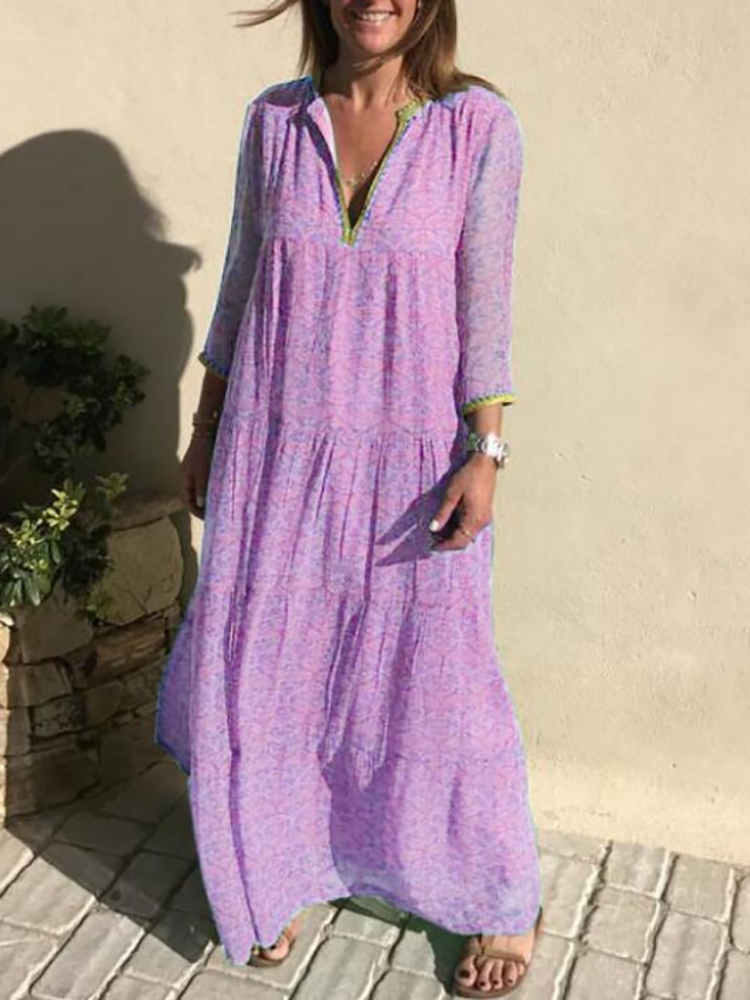 Summer Women Retro V-Neck Long Sleeve Long Dress Casual Bohemian Printed Beach Dress Ladies Fashion Loose Big Hem A-Line Dresses