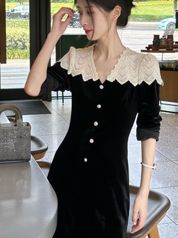 Elegant Velvet Dress Women Lace Patchwork Autumn Winter V-neck Long Sleeve Female Evening Party Prom Robe Slim Vestidos Mujer