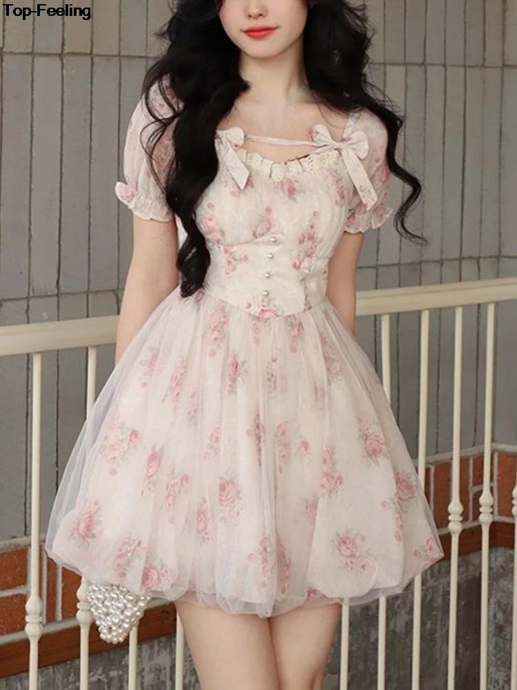 Sweet Floral Fairy Mini Dress Summer Kawaii Puff Sleeve Mesh Spliced Birthday Dresses Women Fashion A-line Vestidos Lady Clothes