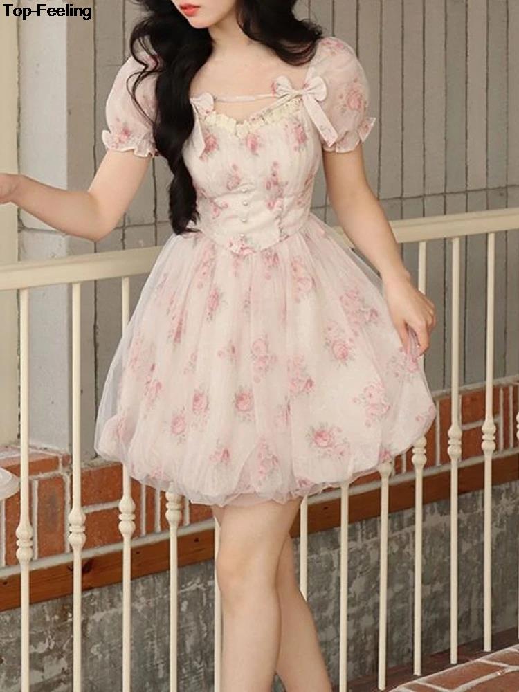 Sweet Floral Fairy Mini Dress Summer Kawaii Puff Sleeve Mesh Spliced Birthday Dresses Women Fashion A-line Vestidos Lady Clothes