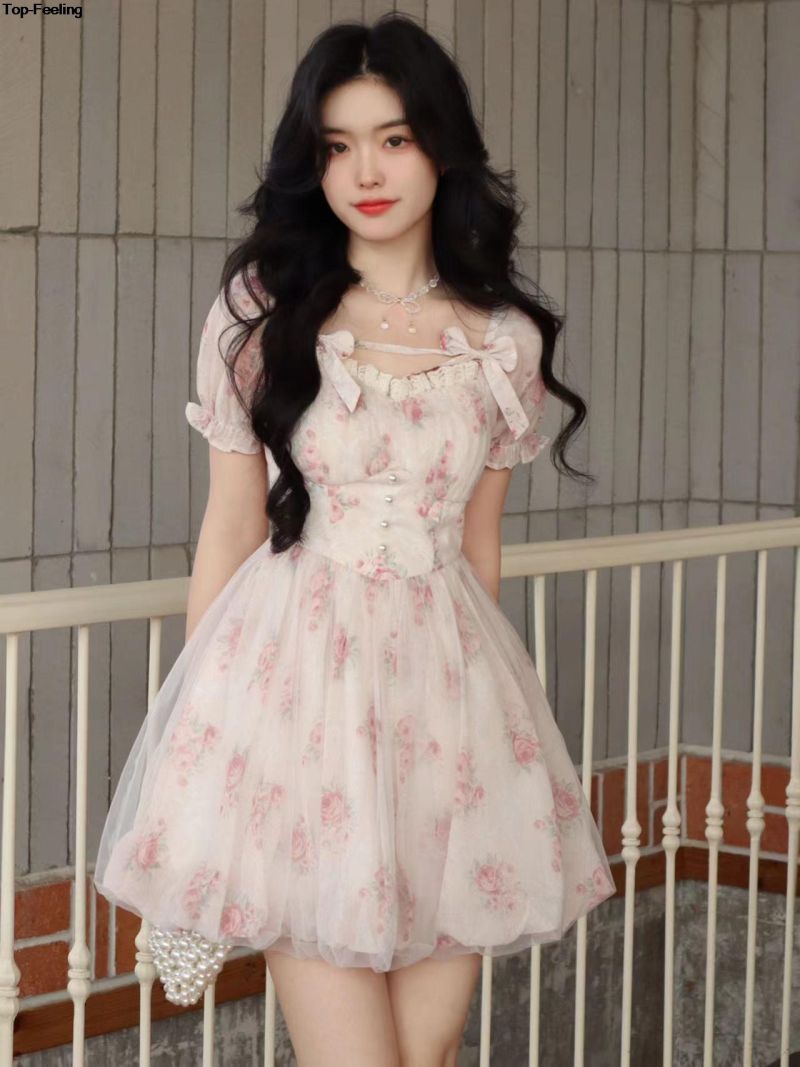 Sweet Floral Fairy Mini Dress Summer Kawaii Puff Sleeve Mesh Spliced Birthday Dresses Women Fashion A-line Vestidos Lady Clothes