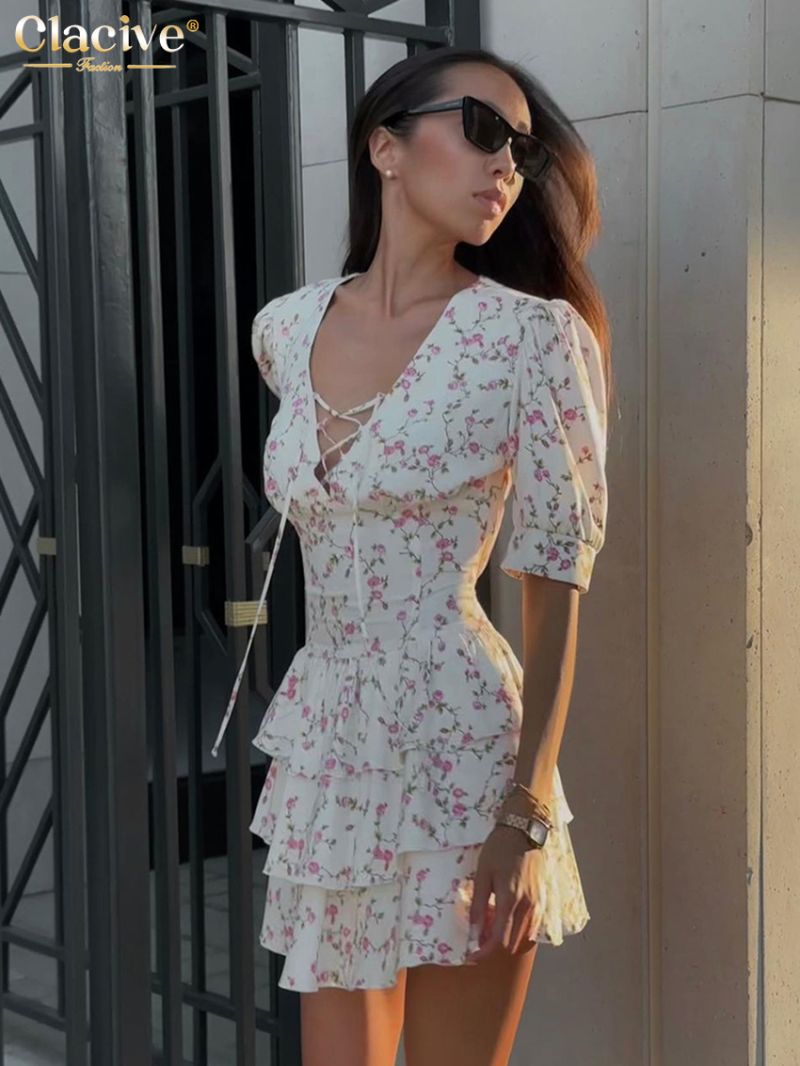 Clacive Summer Slim Print Women's Dress 2024 Sexy V-Neck Short Sleeve Mini Dresses Elegant High Waist Pleated Female Dress