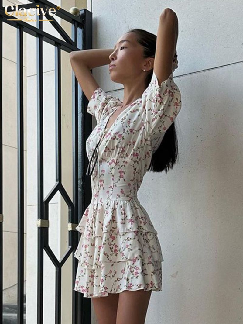 Clacive Summer Slim Print Women's Dress 2024 Sexy V-Neck Short Sleeve Mini Dresses Elegant High Waist Pleated Female Dress