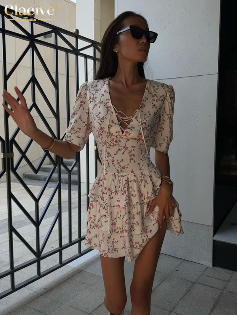 Clacive Summer Slim Print Women's Dress 2024 Sexy V-Neck Short Sleeve Mini Dresses Elegant High Waist Pleated Female Dress