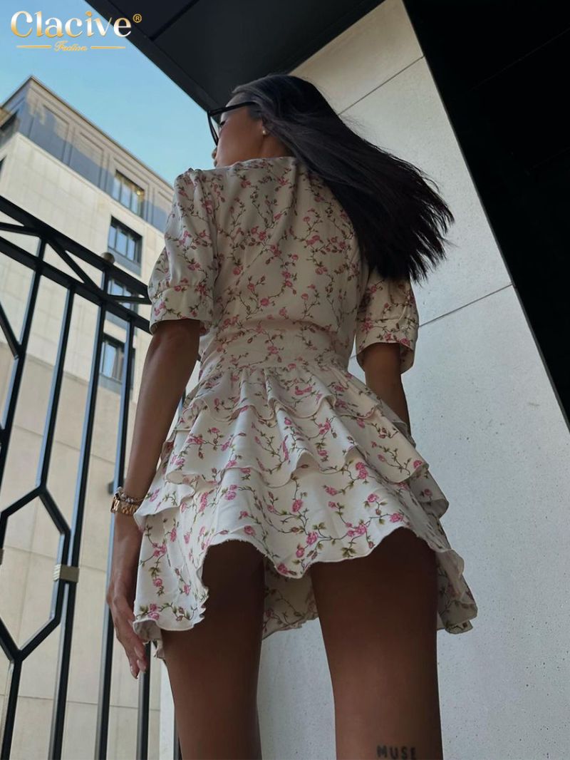 Clacive Summer Slim Print Women's Dress 2024 Sexy V-Neck Short Sleeve Mini Dresses Elegant High Waist Pleated Female Dress