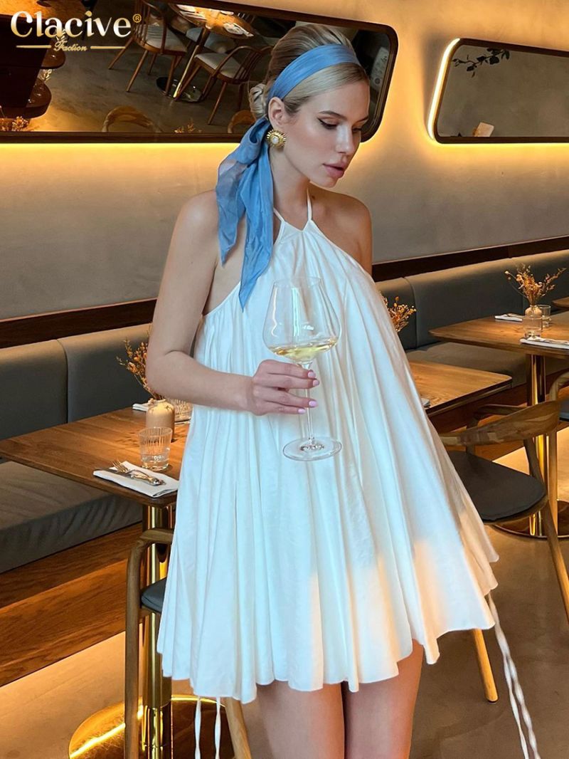 Clacive Sexy Loose White Women's Dress 2024 Summer Halter Sleeveless Mini Dresses Elegant Classic Pleated Female Dress Female