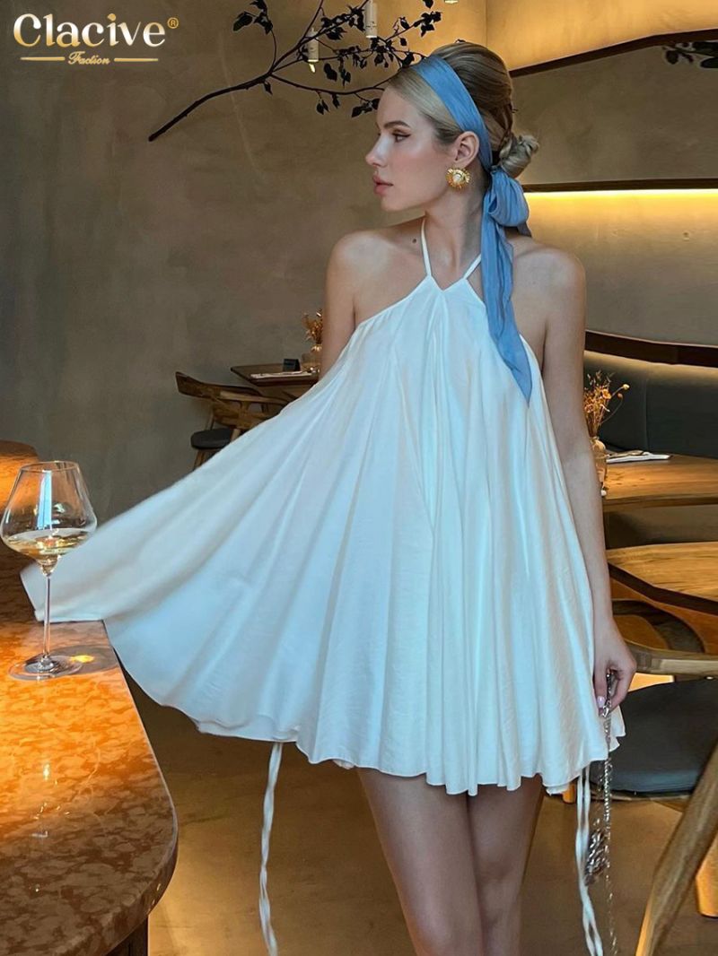 Clacive Sexy Loose White Women's Dress 2024 Summer Halter Sleeveless Mini Dresses Elegant Classic Pleated Female Dress Female