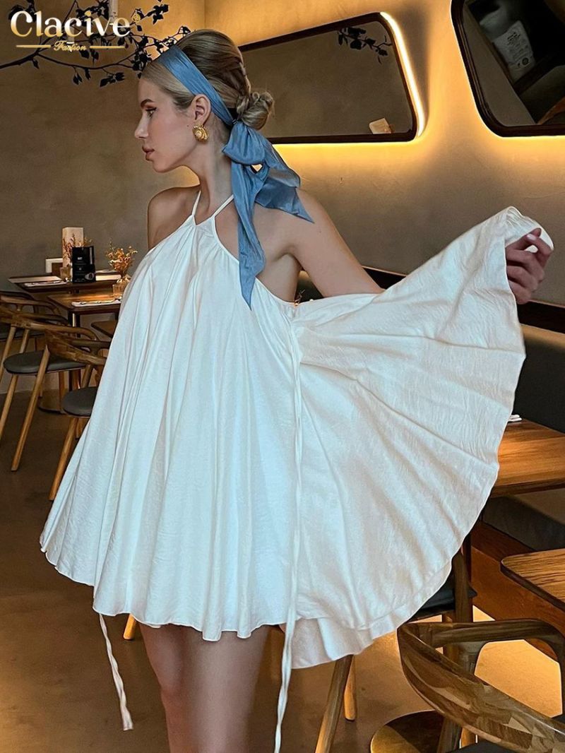 Clacive Sexy Loose White Women's Dress 2024 Summer Halter Sleeveless Mini Dresses Elegant Classic Pleated Female Dress Female