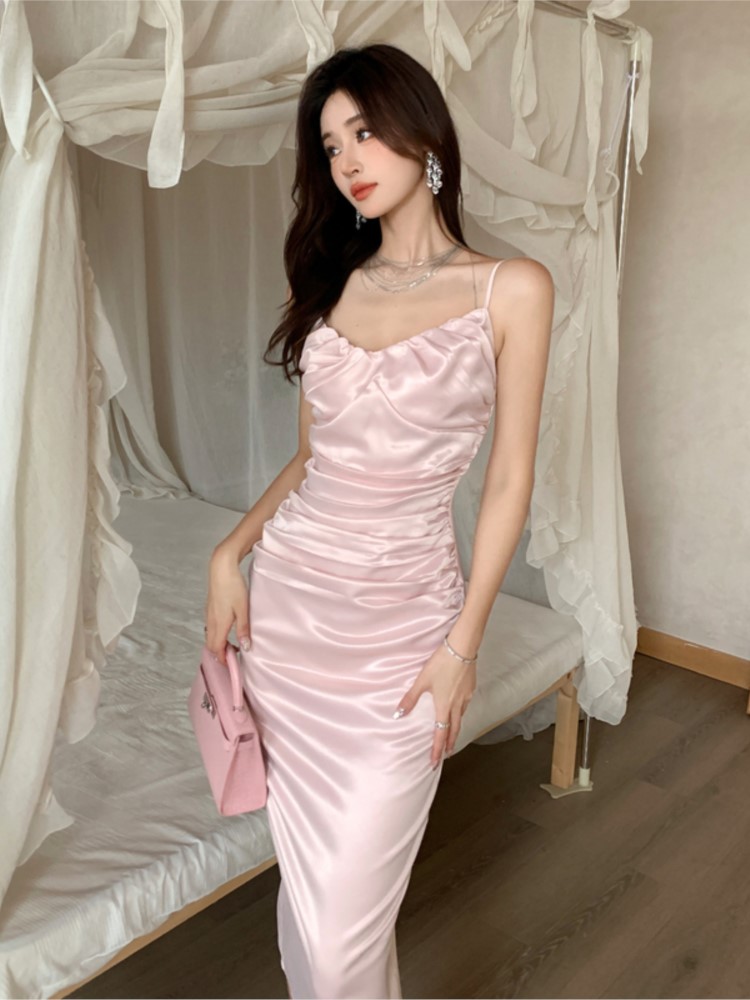 Sexy Bodycon Pink Satin Midi Dress Women New Summer Spaghetti Strap Slim Backless High Split Evening Party Dresses Prom Vestido