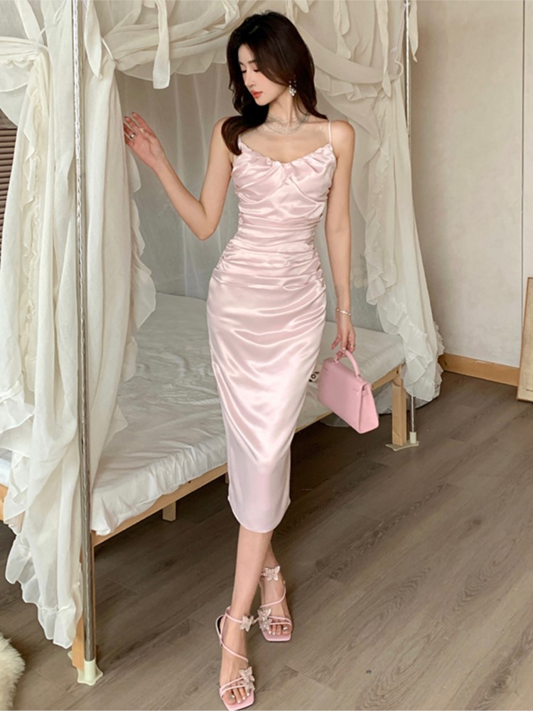 Sexy Bodycon Pink Satin Midi Dress Women New Summer Spaghetti Strap Slim Backless High Split Evening Party Dresses Prom Vestido