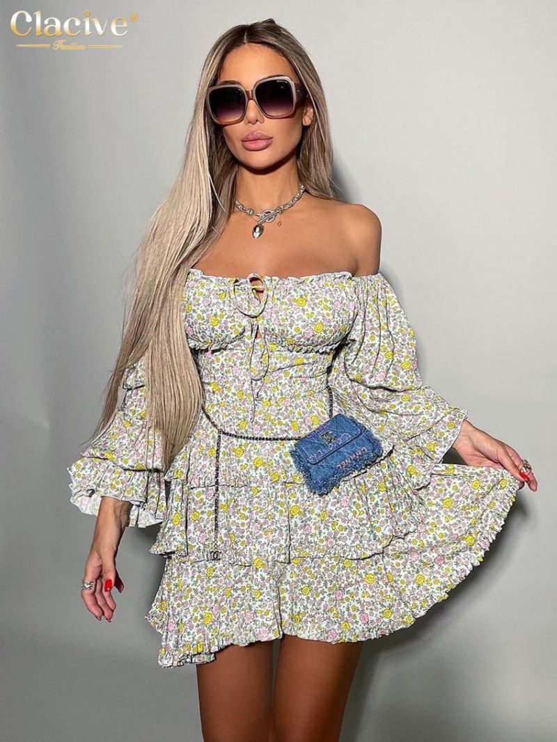 Clacive Sexy Slim Print Womens Dresses 2024 Fashion Slash Neck Long Sleeve Mini Dress Elegant High Waist Ruffle Female Dress