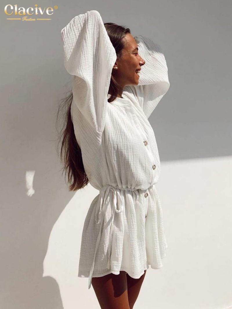 Clacive Fashion Loose White Cotton Women's Jumpsuit 2024 Elegant Puff Sleeve High Waist Pleated Jumpsuit Female Clothing