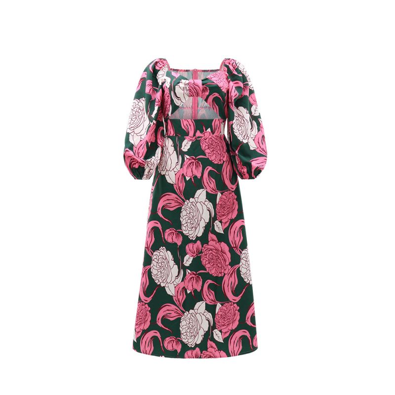 Casual Floral Print Garden Party Dress 2024 Women Square Neck Bow Hollow Banquet Dress Summer Puff Sleeve High Waist Long Dress