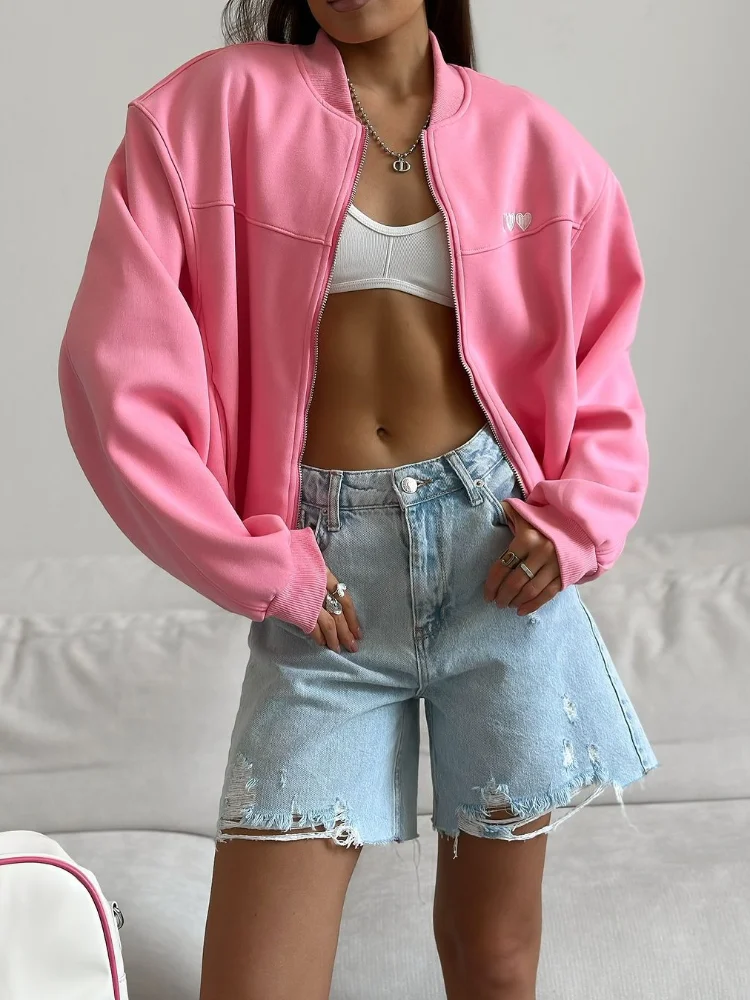 2024 Autumn Cropped Women Solid Zipper Bomber Baseball Jacket Female Long Sleeve O-neck Short Coat Fashion Lady Crop Outerwear