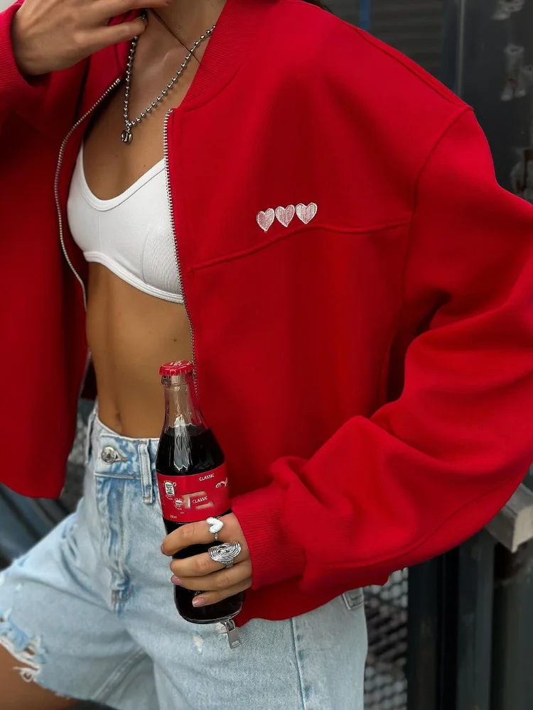 2024 Autumn Cropped Women Solid Zipper Bomber Baseball Jacket Female Long Sleeve O-neck Short Coat Fashion Lady Crop Outerwear