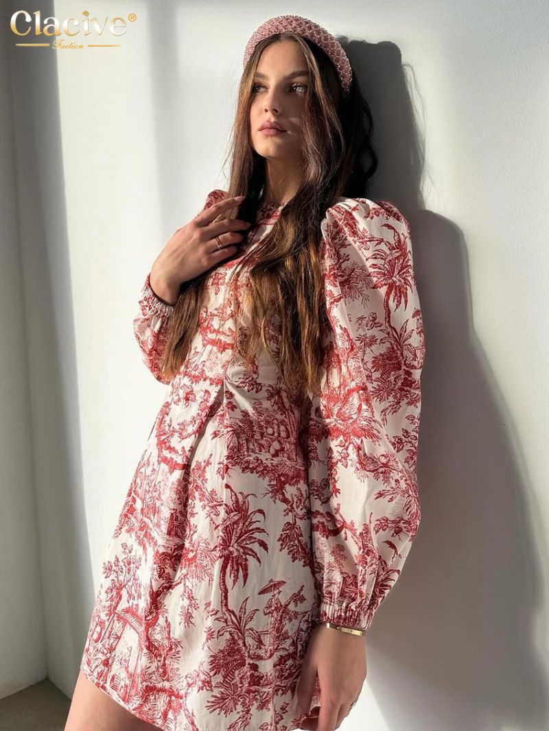 Clacive Vintage Loose Print Women's Dress 2024 Fashion O-Neck Long Sleeve Mini Dresses Elegant Classic High Waist Female Dress