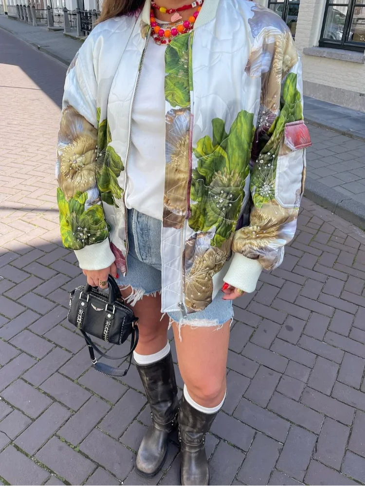 2024 New Women Oversized Fashion Colourful Print Pilot Jacket O Neck Zip Long Sleeve Pocket Coat Autumn Female Streetwear