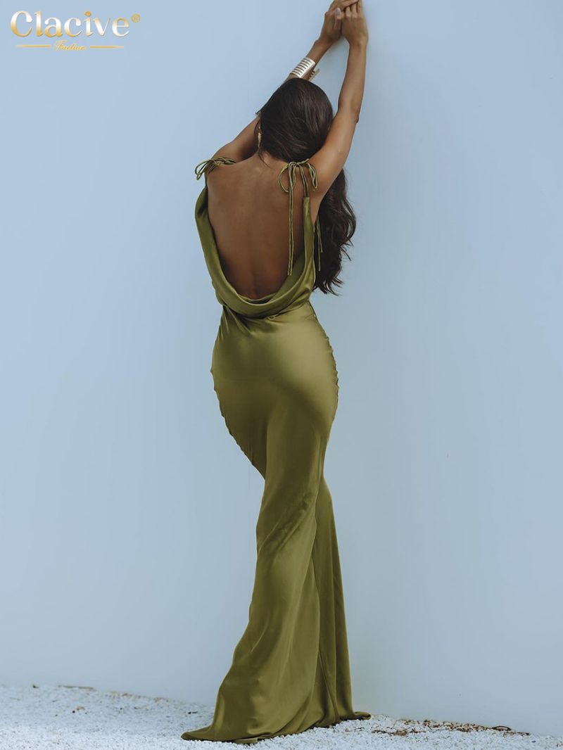 Clacive Sexy Slim Green Satin Women'S Dress Summer Strap Sleeveless Ankle Length Dress Elegant Classic Backless Party Dresses