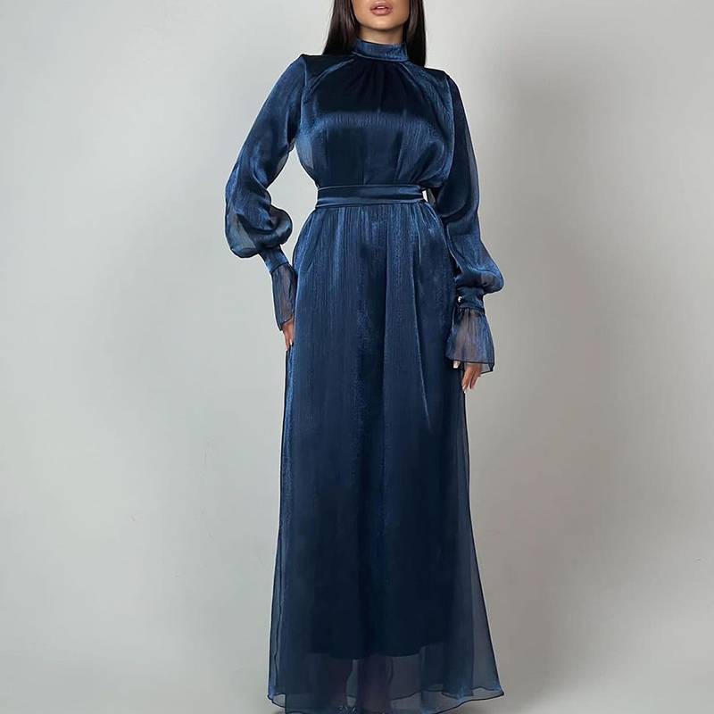 Fashion Shiny Silk Slim Puff Sleeve Dress New Early Autumn Women Half High Collar Banquet Dress Elegant Temperament Long Dresses