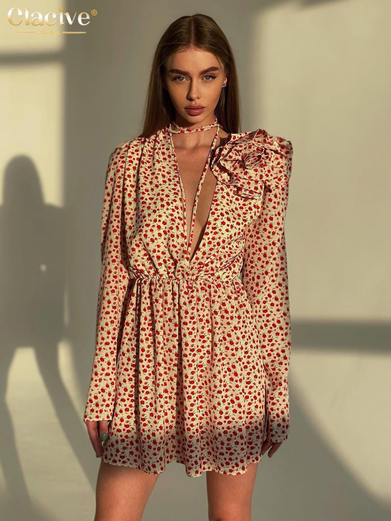 Clacive Fashion Loose Print Women'S Dress 2024 Sexy Deep V-Neck Long Sleeve Mini Dresses Elegant High Waist Pleated Female Dress