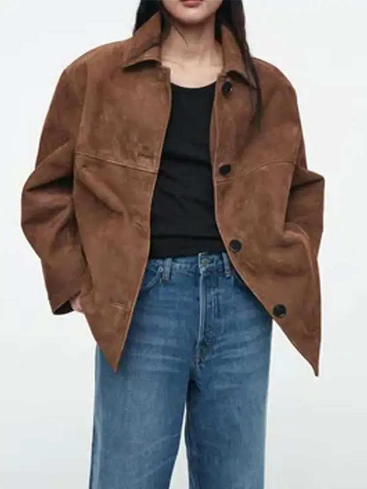 2024 Autumn New Brown Solid Lapel Loose Spliced Short Coat Women Button With Pocket Long Sleeve Warm Jacket Lady Outerwear