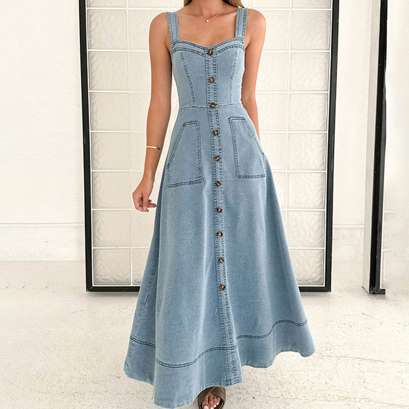 Female V Neck Single Breasted Denim Dress Summer Suspenders Hollow Pockets A-line Dress Elegant Off Shoulder Waist Long Dresses