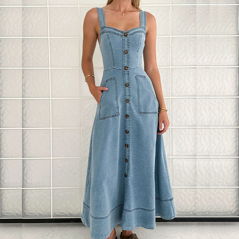 Female V Neck Single Breasted Denim Dress Summer Suspenders Hollow Pockets A-line Dress Elegant Off Shoulder Waist Long Dresses