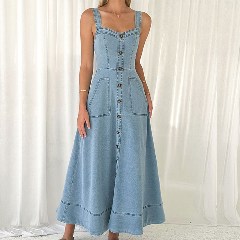 Female V Neck Single Breasted Denim Dress Summer Suspenders Hollow Pockets A-line Dress Elegant Off Shoulder Waist Long Dresses