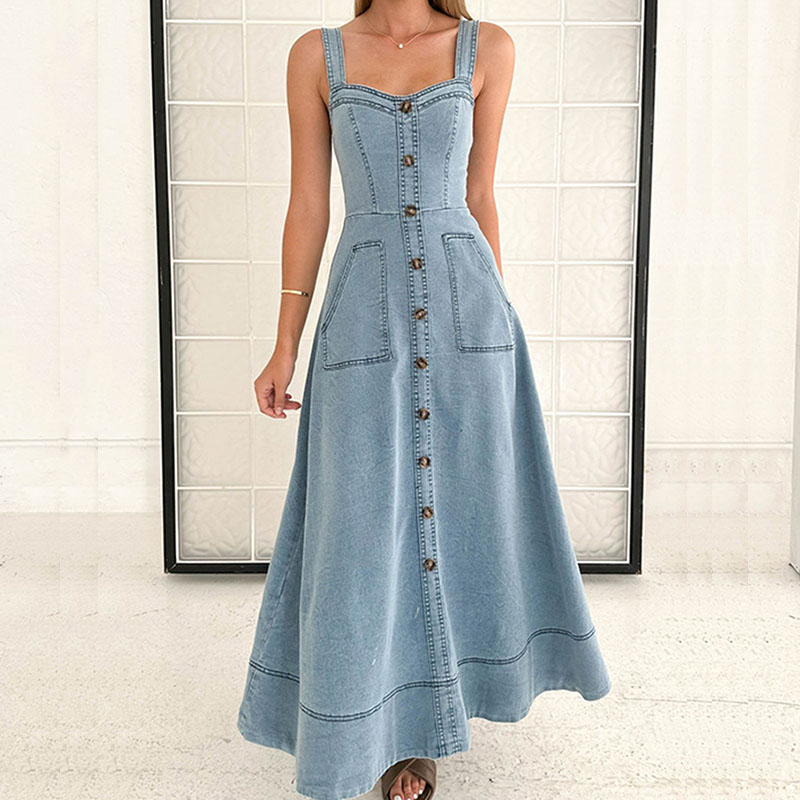 Female V Neck Single Breasted Denim Dress Summer Suspenders Hollow Pockets A-line Dress Elegant Off Shoulder Waist Long Dresses