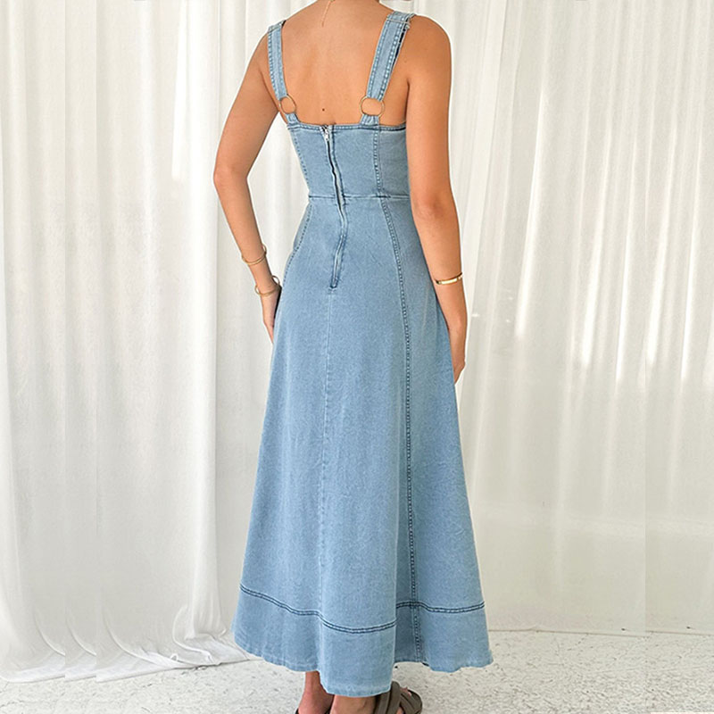 Female V Neck Single Breasted Denim Dress Summer Suspenders Hollow Pockets A-line Dress Elegant Off Shoulder Waist Long Dresses