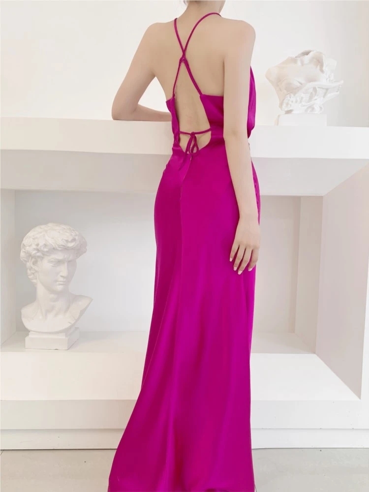 2023 Summer Women Sexy Backless Wedding Party Long Dress Fashion Elegant Sleeveless Halter Satin Vestidos Graduation Dresses