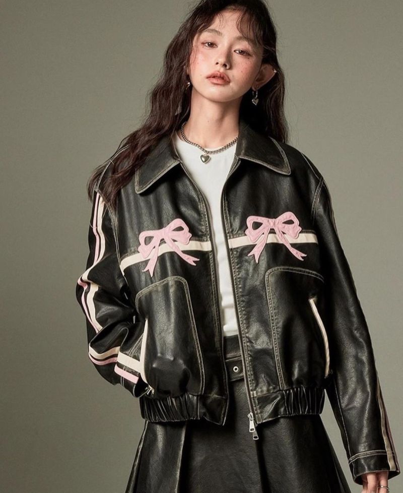 Retro Pink Bow Pu Leather Streetwear Contrasting Hip Hop Harajuku Jacket Women 2024 Autumn Warm Long Sleeve Zipper Female Coat