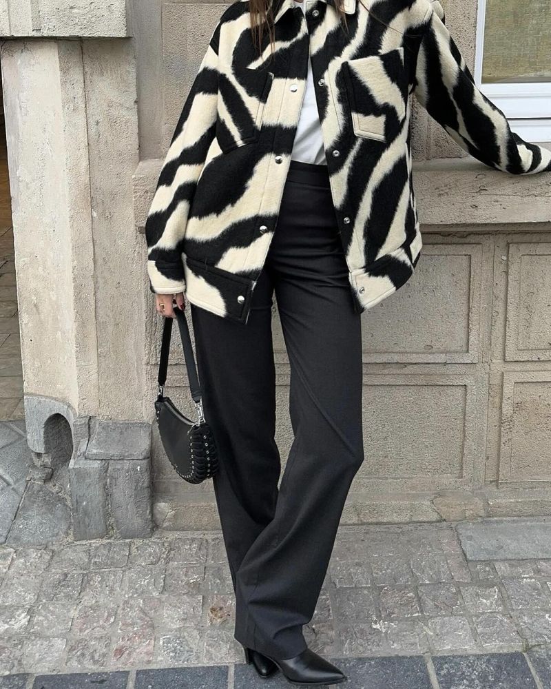 Autumn Zebra Print Color Blocking Jacket Women Lapel Snap Button Loose Coat 2024 New Female Casual Highstreet Outwears Coats