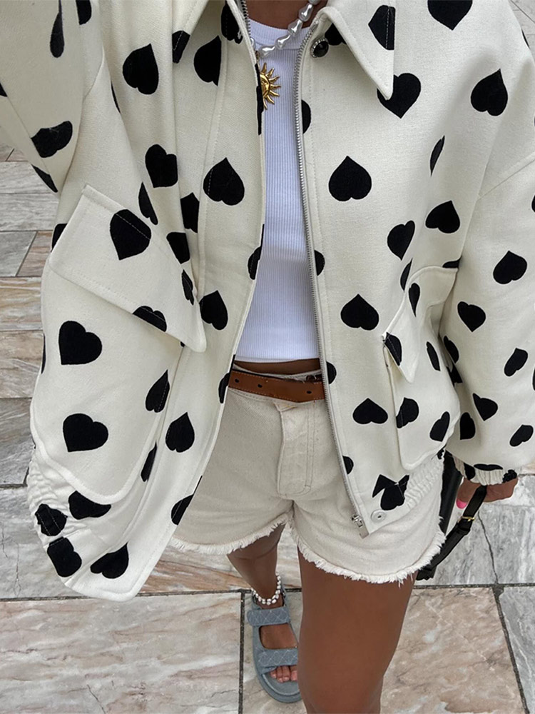 Fashion Pot Printed Hearts Bomber Jacket Autumn Casual Flips Pockets Long Sleeve Outerwear Streetwear 2024 Female Baseball Coat