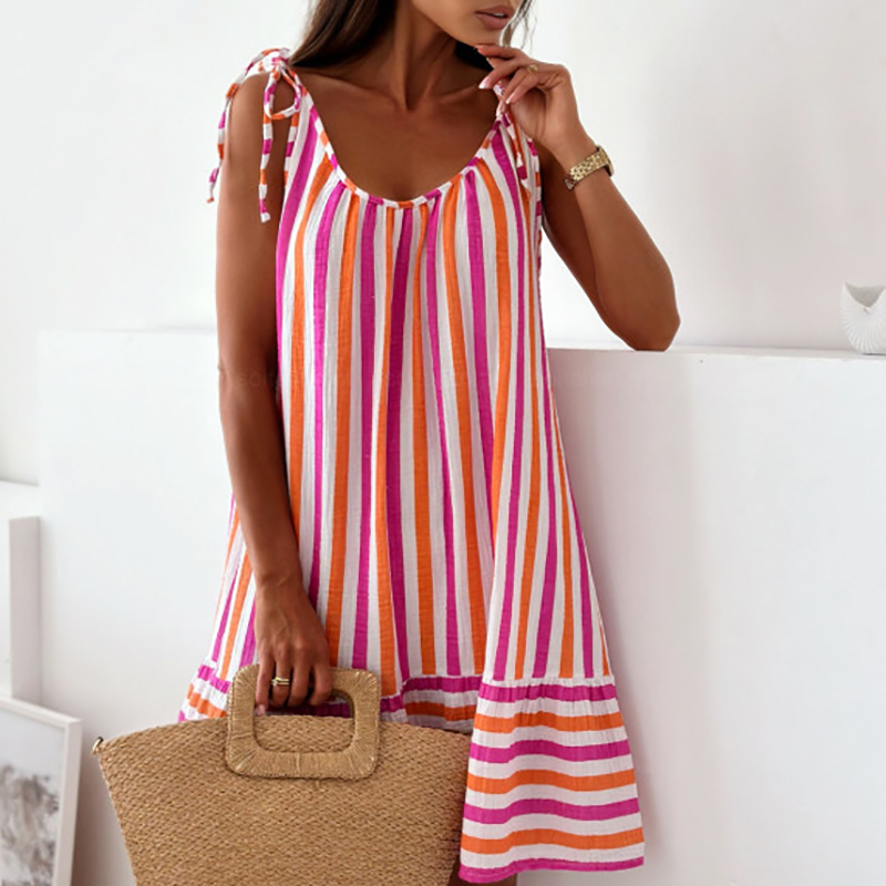 Sexy V Neck Hollow Out Sleeveless Suspender Dress Lady Fashion Striped Printed Loose Dress 2024 Summer Casual Pleats Beach Dress