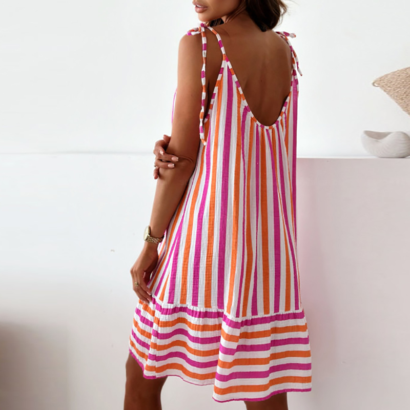 Sexy V Neck Hollow Out Sleeveless Suspender Dress Lady Fashion Striped Printed Loose Dress 2024 Summer Casual Pleats Beach Dress