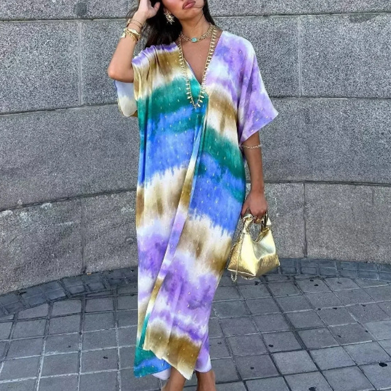 Elegant Women's Party Long Dress Tie Dye Printed Loose Summer Holiday Dress Casual Short Sleeved Pleated Commuting Dress Vestido