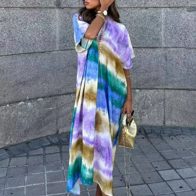 Elegant Women's Party Long Dress Tie Dye Printed Loose Summer Holiday Dress Casual Short Sleeved Pleated Commuting Dress Vestido