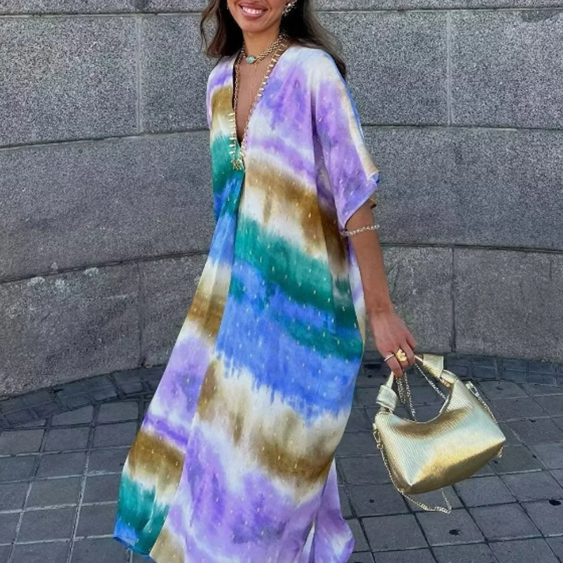 Elegant Women's Party Long Dress Tie Dye Printed Loose Summer Holiday Dress Casual Short Sleeved Pleated Commuting Dress Vestido