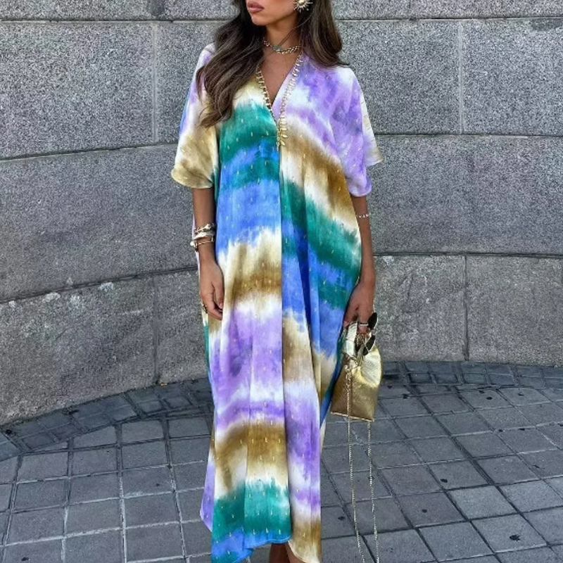 Elegant Women's Party Long Dress Tie Dye Printed Loose Summer Holiday Dress Casual Short Sleeved Pleated Commuting Dress Vestido