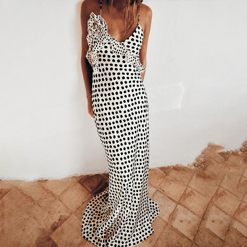 Elegant Banquet Long Dresses Summer Polka Dot Flower Slim Club Party Dress Female V-Neck Ruffle Spaghetti Strap Cocktail Dress