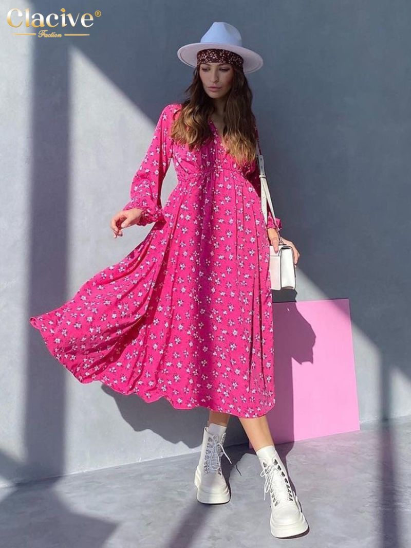 Clacive Fashion Loose Print Women'S Dress 2023 Elegant V-Neck Puff Sleeve Midi Dresses Casual Classic High Waist Female Dresss