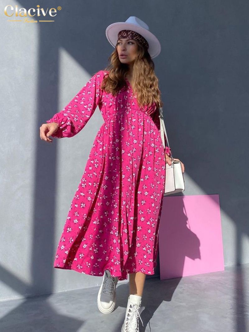 Clacive Fashion Loose Print Women'S Dress 2023 Elegant V-Neck Puff Sleeve Midi Dresses Casual Classic High Waist Female Dresss