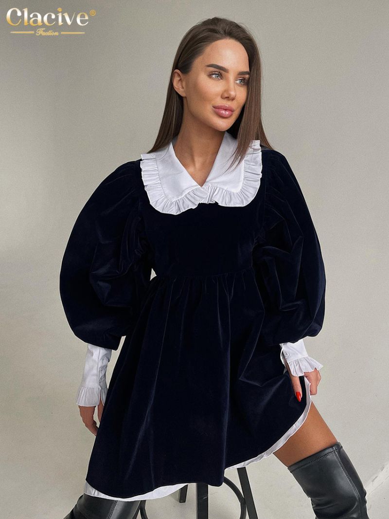 Clacive Winter Black Velvet Women'S Dresses Fashion Doll Collar Lantern Sleeve Mini Dress Elegant Loose Patchwork Female Dress