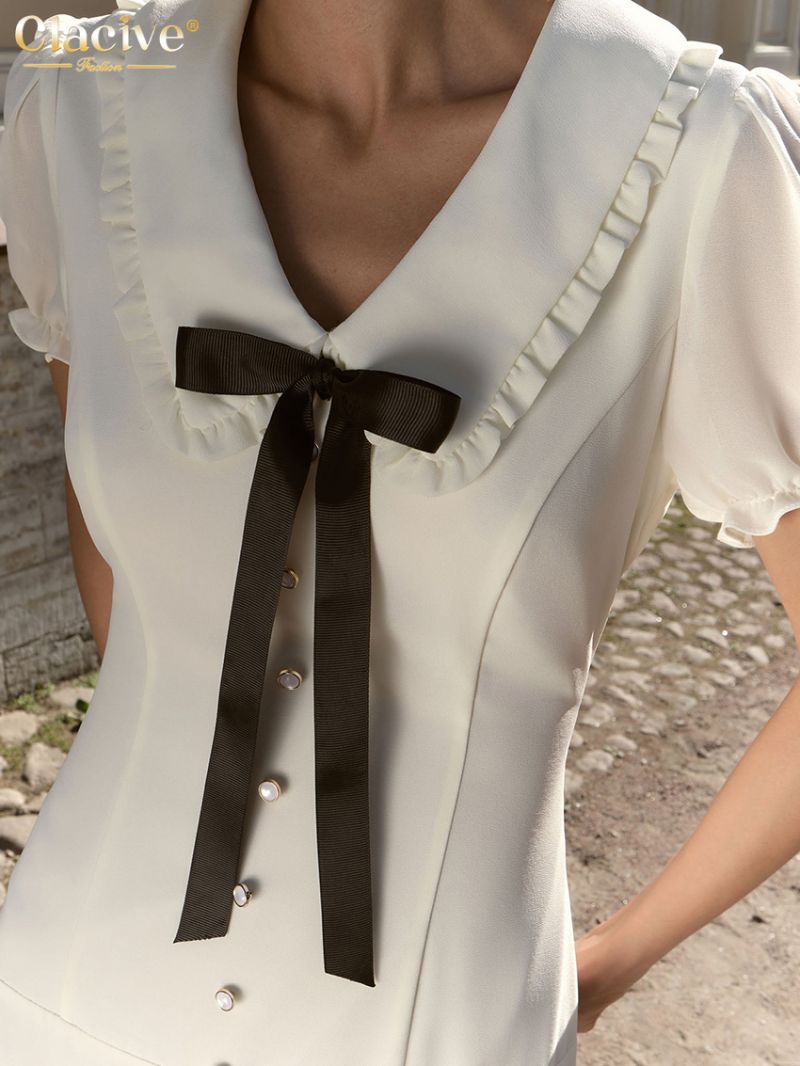 Clacive Summer Slim White Office Women's Dress 2024 Fashion Lapel Short Sleeve Midi Dresses Elegant Classic Bow Female Dress